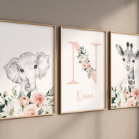 Safari Animals, girl nursery, Animals Prints, Woodland Nursery Decor, Safari Nursery Wall Art, floral animal prints, coral nursery