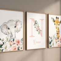Nursery prints girl, baby room wall art, Safari Animals, girl nursery, Animals Prints, Safari Nursery Wall Art, floral animal prints, coral