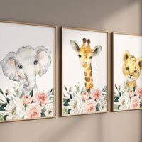 Nursery prints girl, baby room wall art, Safari Animals, girl nursery, Animals Prints, Safari Nursery Wall Art, floral animal prints, coral