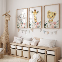 Nursery prints girl, baby room wall art, Safari Animals, girl nursery, Animals Prints, Safari Nursery Wall Art, floral animal prints, coral