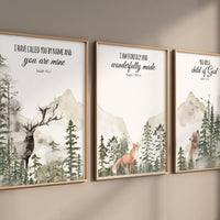 Woodland Nursery Decor: Mountain Animals, Bible Verse Art Print