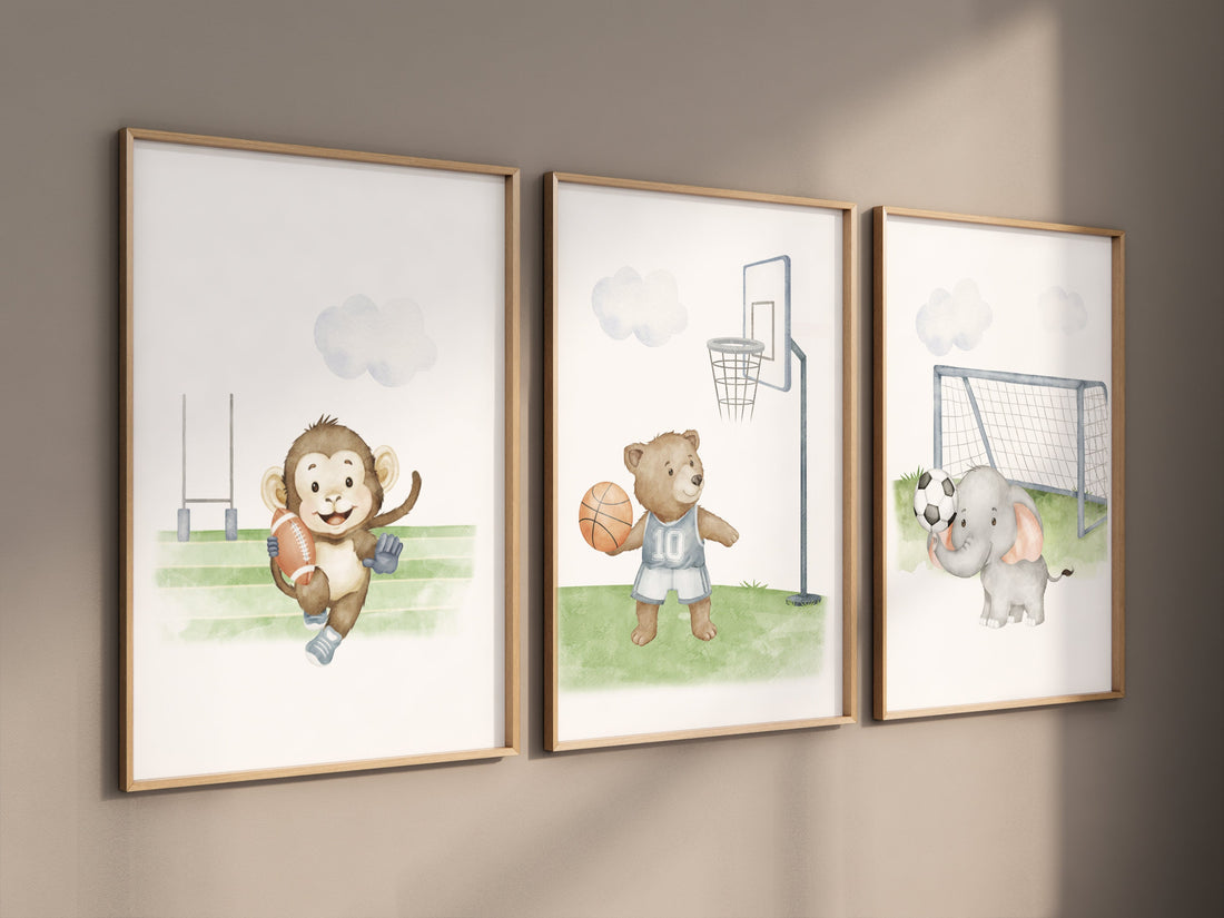 Sports nursery decor, Baby Animals Sport, Baby boy sports nursery, Safari nursery, baseball, soccer, basketball nursery, animal sports