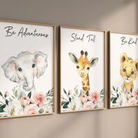 Nursery prints girl, baby room wall art, Safari Animals, girl nursery, Animals Prints, Safari Nursery Wall Art, flower animals