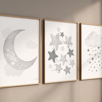 Nursery wall art grey, gray nursery, nursery decor neutral, baby room decor gender neutral, moon and stars, grey nursery decor baby room art