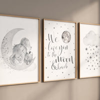 Nursery wall art grey, gray nursery, nursery decor neutral, elephant nursery, baby room decor gender neutral, moon and stars, nursery ideas