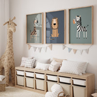 Modern Safari Animal Wall Art Set, Giraffe Lion Zebra Prints for Nursery, Jungle Theme Baby Boy Room Decor, Minimalist Kids Wall Posters