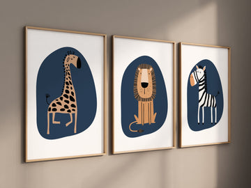 Safari Nursery Wall Prints, Boho Nursery Prints, jungle animals, navy blue Nursery Art, animal Nursery Decor, animal prints
