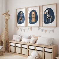Safari Nursery Wall Prints, Boho Nursery Prints, jungle animals, navy blue Nursery Art, animal Nursery Decor, animal prints