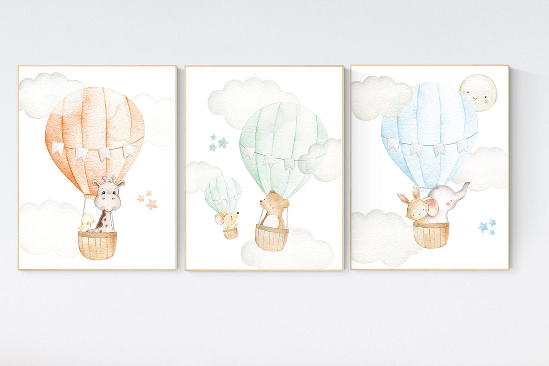 Nursery decor animals, hot air balloon, gender neutral, nursery decor, animal nursery, neutral, unisex, elephant giraffe, bear, nursery art