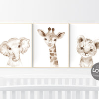 Nursery wall art animals, gender neutral nursery, neutral nursery, baby room decor, elephant, giraffe, animal prints, neutral nursery