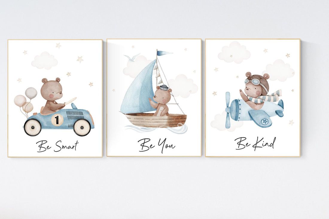 Nursery decor bear, gender neutral nursery, travel nursery, plane nursery, car nursery, bear nursery print, teddy bear decor, blue nursery