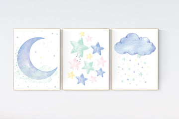 Blue mint nursery decor, cloud and stars, moon and stars, blue and mint, yellow, pink, nursery art. baby room wall art, set of 3