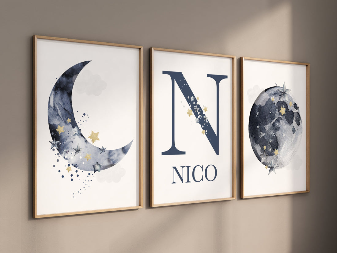 Navy nursery decor, cloud and stars, moon and stars, navy and gold nursery art. baby room wall art, boy nursery decor, set of 3, nursery art
