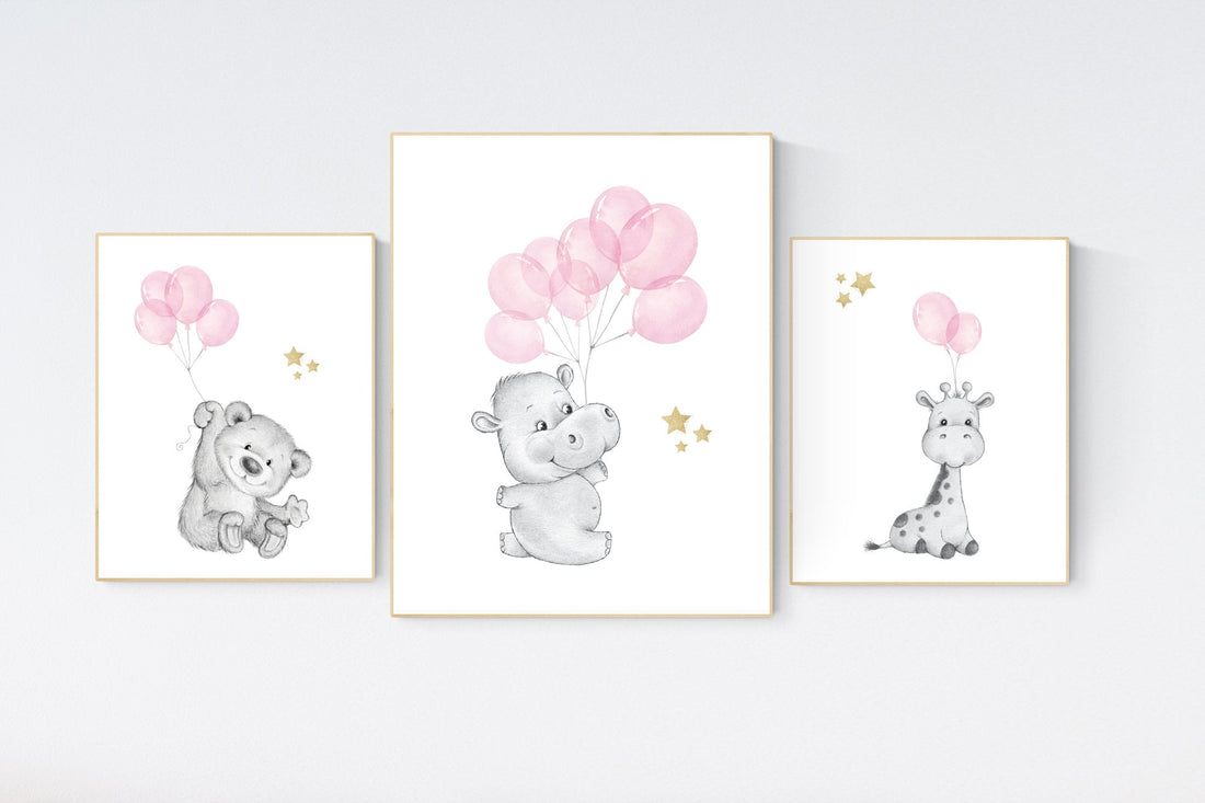Nursery decor animals, animal balloon print, nursery decor girl, bear, hippo, giraffe, nursery wall art girl, pink and gold