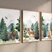 Nursery decor woodland, mountain wall art, tree nursery decor, adventure theme nursery, forest, sage green, green nursery, woodland animals