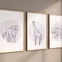 Nursery wall art animals, line art, animal nursery, gender neutral nursery, neutral nursery, purple nursery, lion, elephant, giraffe