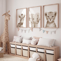 Nursery wall art animals, gray nursery, gender neutral nursery, neutral nursery, baby room decor, zebra, elephant, bear, animal prints