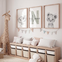 Nursery wall art animals, gray nursery, gender neutral nursery, sage green, baby room decor, bear, elephant, animal prints