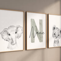 Nursery wall art animals, gray nursery, gender neutral nursery, sage green, baby room decor, bear, elephant, animal prints