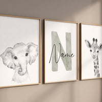 Nursery wall art animals, gray nursery, gender neutral nursery, sage green, baby room decor, giraffe, elephant, animal prints