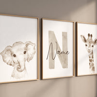 Nursery wall art animals, gray nursery, gender neutral nursery, neutral nursery, beige nursery, baby room, giraffe, elephant, animal prints