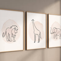 Nursery wall art animals, line art, animal nursery, girls room decor, blush nursery, blush pink nursery, lion, elephant, giraffe, blush
