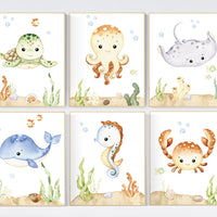 Ocean Animal Prints, Under the Sea Nursery Prints, Sea Animal Wall Art, Playroom Decor, gender neutral nursery, nursery prints, sea themed