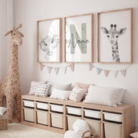 Nursery wall art animals, gray nursery, gender neutral nursery, sage green, baby room decor, giraffe, elephant, animal prints