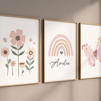 Flower nursery, rainbow nursery, butterfly print, Girl bedroom art, name print, girls room decor, blush nursery, baby girl wall art