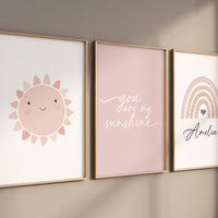 Rainbow nursery, sun print, you are my sunshine, Girl bedroom art, name print, girls room decor, blush nursery, baby girl wall art