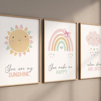 Rainbow nursery print, Rainbow wall art, pastel colors, Pink nursery decor, You are my sunshine, nursery art, Girl bedroom art, sun print