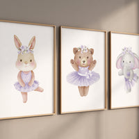 Ballerina animals, baby room decor girl, Elephant nursery, bunny nursery, bear nursery, nursery prints girl, ballet prints, purple nursery