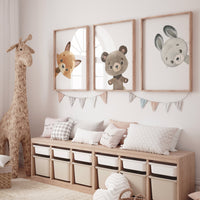 Peeking animals, Nursery Art Prints, peek a boo, woodland animals Nursery Print, Peekaboo Bear, Nursery Decor, Neutral Nursery Decor
