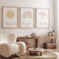 Rainbow nursery print, Rainbow wall art, pastel colors, Pink nursery decor, You are my sunshine, nursery art, Girl bedroom art, sun print