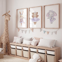Ballerina animals, baby room decor girl, Elephant nursery, bunny nursery, bear nursery, nursery prints girl, ballet prints, purple nursery
