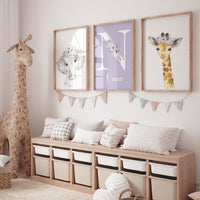 Safari Animals, girl nursery, Animals Prints, Woodland Nursery Decor, Safari Nursery Wall Art, floral animal prints, Purple Safari Animals