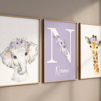 Safari Animals, girl nursery, Animals Prints, Woodland Nursery Decor, Safari Nursery Wall Art, floral animal prints, Purple Safari Animals