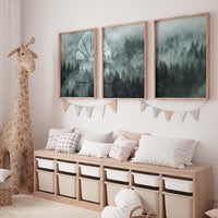 Nursery decor mountain, nursery wall art, tree nursery decor, adventure theme nursery, forest, sage green, beige, woodland animals