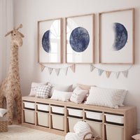 Moon nursery decor, moon print, navy blue nursery, navy gold nursery, full moon print, gender neutral, moon phases, dark blue, moon nursery