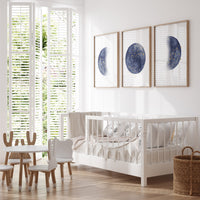 Moon nursery decor, moon print, navy blue nursery, navy gold nursery, full moon print, gender neutral, moon phases, dark blue, moon nursery