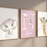 Safari Animals, girl nursery, Animals Prints, Woodland Nursery Decor, Safari Nursery Wall Art, floral animal prints, Pink Safari Animals