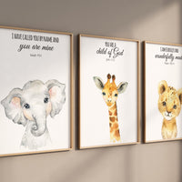 Safari nursery, nursery wall art animals, safari animals, gender neutral, verse nursery, bible verse, bear, elephant, giraffe, animal print
