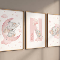 Elephant print, pink nursery, Nursery decor girl wall art, elephant prints for nursery, girls room decor, baby girl, name print, moon print