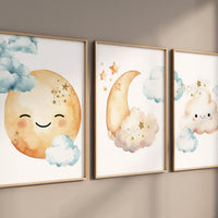 Moon prints for nursery, nursery wall art, gender neutral nursery, blue and yellow, Baby wall decor, nursery prints, moon and clouds