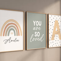 Rainbow nursery, gender neutral, you are so loved, earth colors, name print, rainbow prints, sage print, neutral colors, baby room