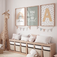 Rainbow nursery, gender neutral, you are so loved, earth colors, name print, rainbow prints, sage print, neutral colors, baby room
