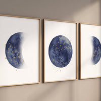 Moon nursery decor, moon print, navy blue nursery, navy gold nursery, full moon print, gender neutral, moon phases, dark blue, moon nursery