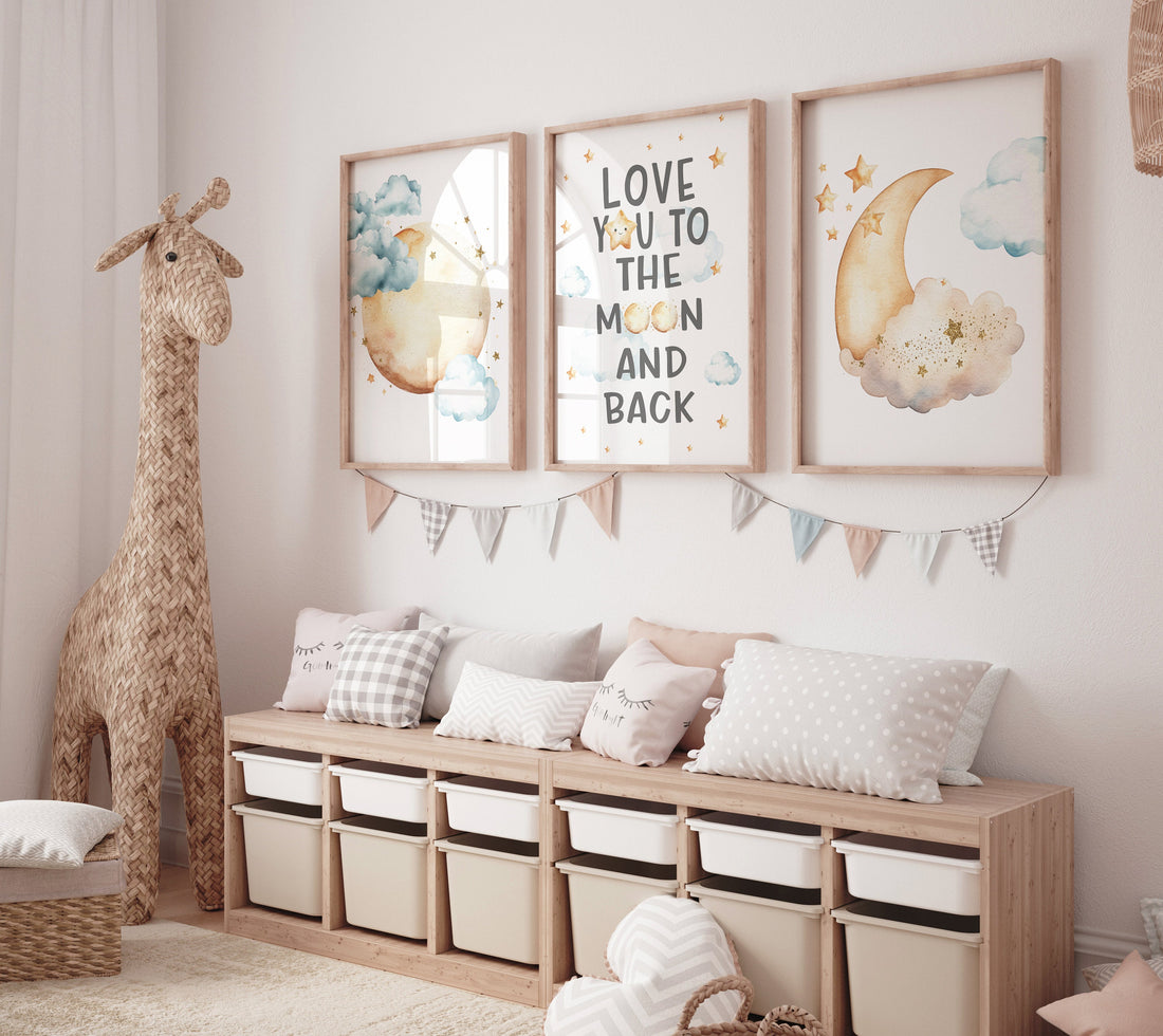 Moon prints for nursery wall art, we love you to the moon and back, gender neutral nursery, blue and yellow, Baby wall decor, nursery prints