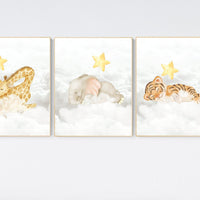 Woodland Animals, Sleeping on Clouds, Woodland Nursery Decor, yellow nursery, Animal Nursery wall art, gender neutral , baby room decor
