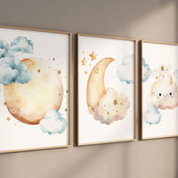 Moon nursery, gender neutral nursery, blue and yellow, Baby wall decor, nursery prints, moon prints, moon and clouds, nursery wall art